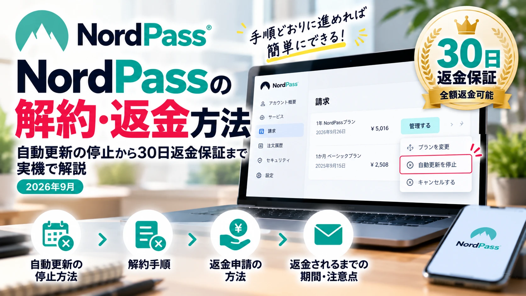 NordPassの解約・返金方法と30日返金保証を実機で解説