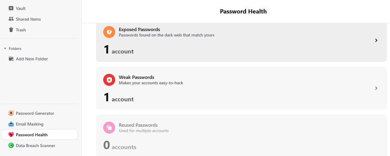 Password Healthの診断結果画面、Exposed Passwords 1 account / Weak Passwords 1 account / Reused Passwords 0 accounts(2026年9月26日実機確認)