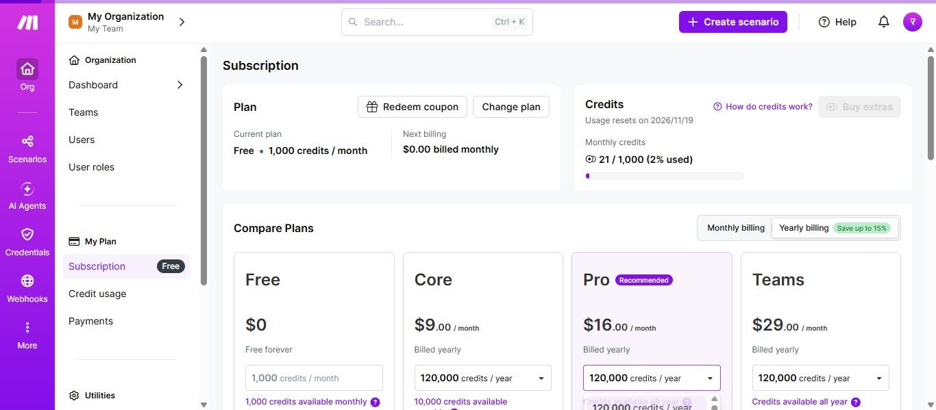 MakeのSubscription画面。現在のプランはFreeで月1,000 credits、検証の途中で21 creditsを使用(2%)と表示されている(2026年10月19日確認)