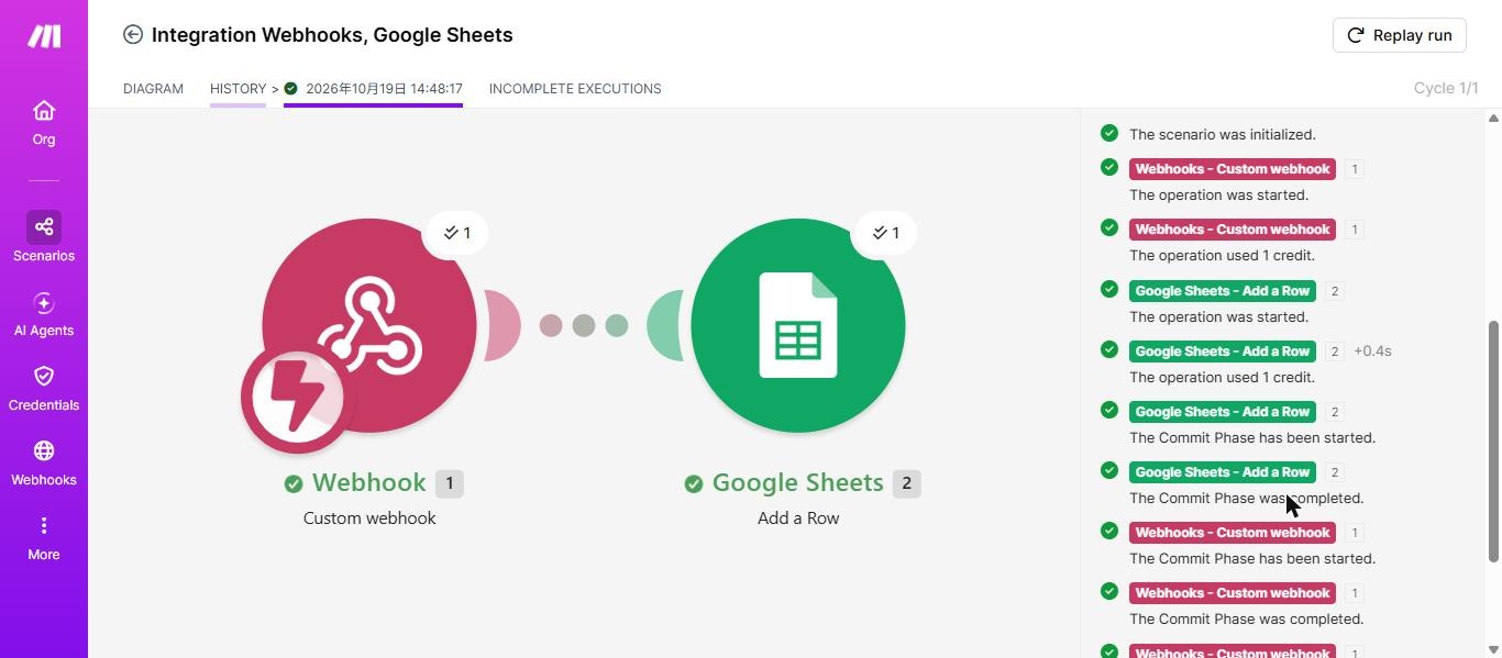 Makeの実行履歴の詳細(Advanced log)。WebhookとGoogle Sheets Add a Rowの各モジュールに「The operation used 1 credit.」と表示されている(2026年10月19日確認)
