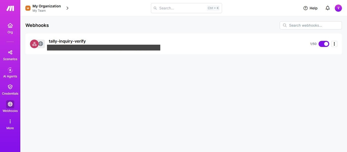 MakeのWebhooks画面。Webhookのtally-inquiry-verifyのキューの表示が1/50になっている。URLは伏せている(2026年10月19日確認)