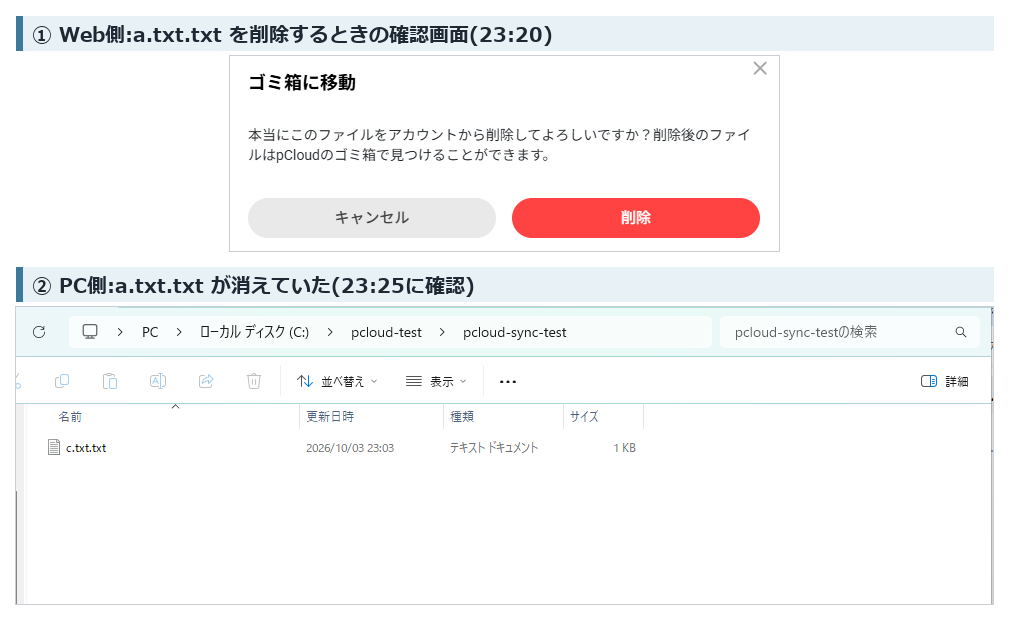 Web側で削除するときの確認ダイアログと、PC側から消えた同期フォルダ(2026年10月3日実機確認)