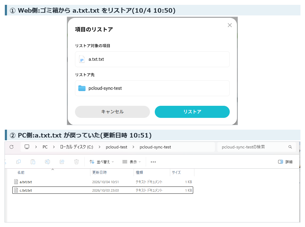 Web側のゴミ箱からリストアしたファイルがPC側の同期フォルダにも戻った様子(2026年10月4日実機確認)