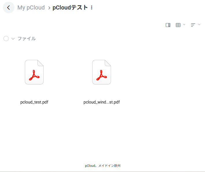 Web版のpCloudテストフォルダに同じ2つのPDFが表示された画面(2026年10月2日実機確認)
