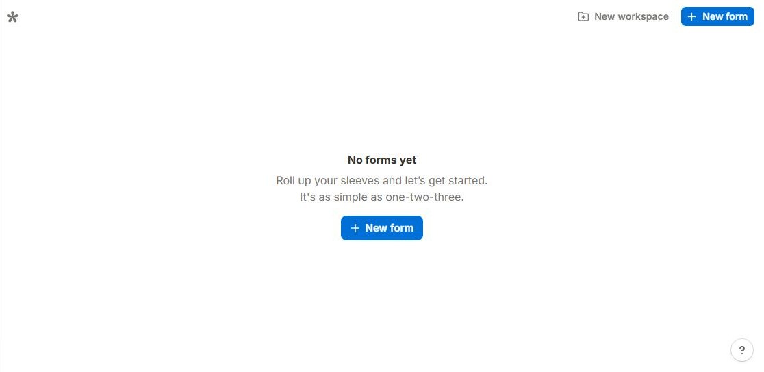 Tallyのダッシュボード。フォームがない状態で、New formのボタンが英語で表示されている(2026年10月8日確認)