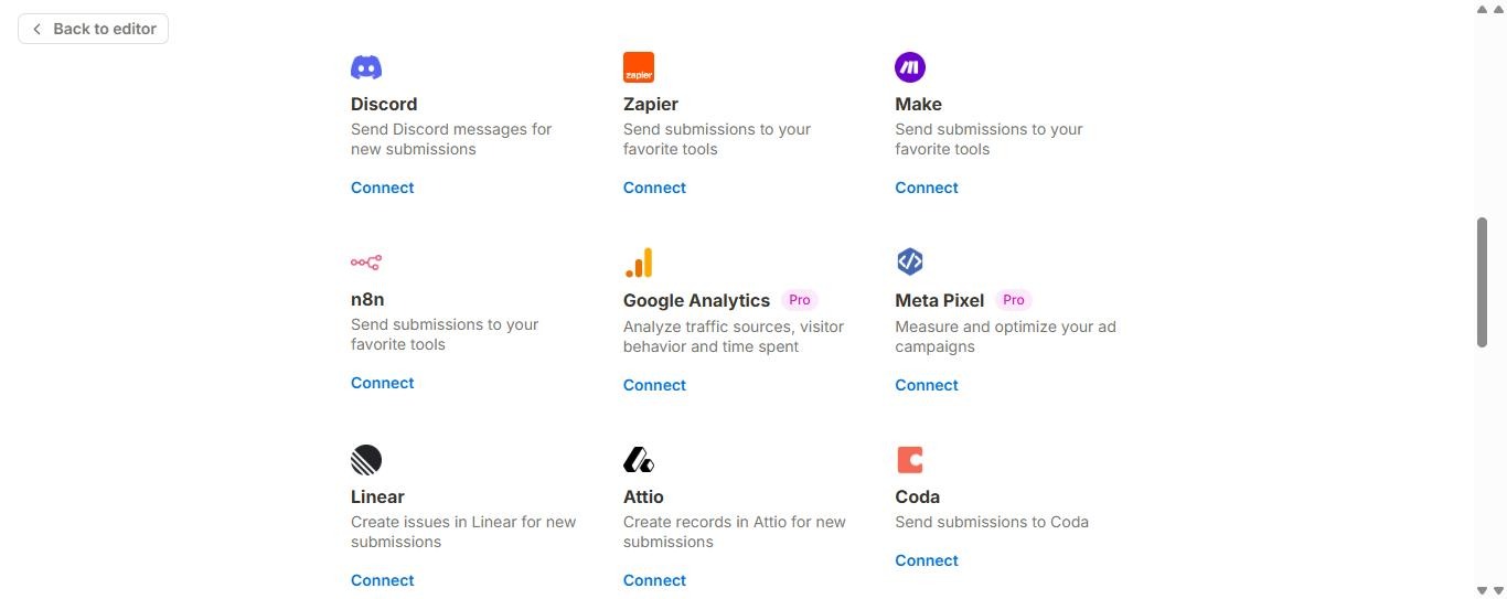 Tallyの連携一覧。Google AnalyticsとMeta PixelにProバッジが付いている(Freeアカウント、2026年10月5日確認)