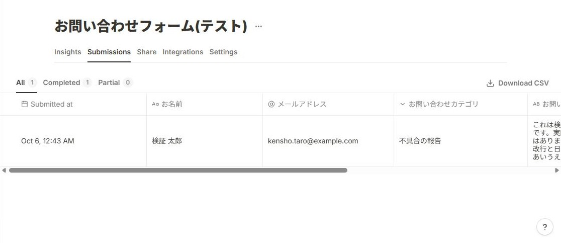 Tallyの回答一覧(Submissions)画面。All 1・Completed 1・Partial 0の表示と、ダミーの回答が日本語で表形式に保存されている(2026年10月6日確認)