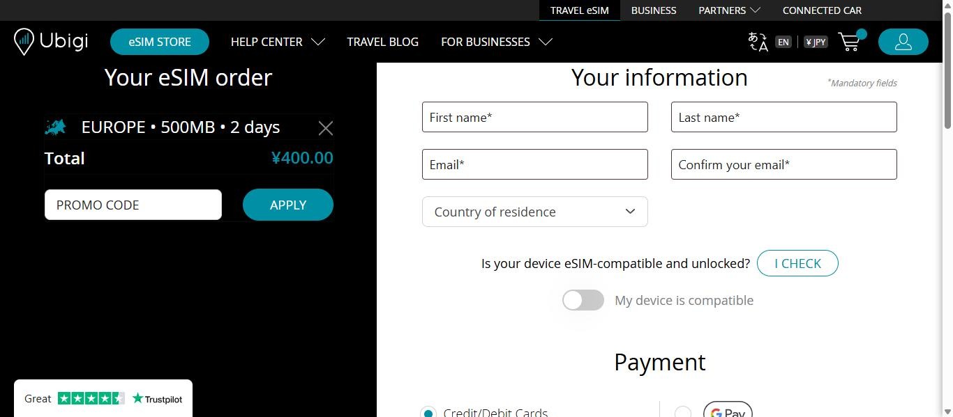 Ubigiのチェックアウト画面。Europe 500MB・2日間の合計は¥400.00で、プロモコード欄は空(2026年10月23日)